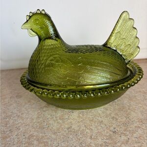 Vintage Indiana Green Glass Hen Dish